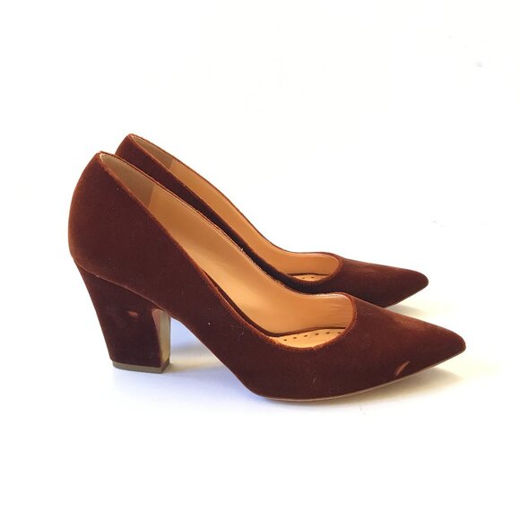 Rupert Sanderson Velvet Heels Pumps Womens 38.5 8.5 Rust Orange Pointed Toe - Picture 1 of 10